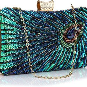 Evening Bag Clutch Purses for Women Beaded Sequin Peacock Party Handbag Wedding